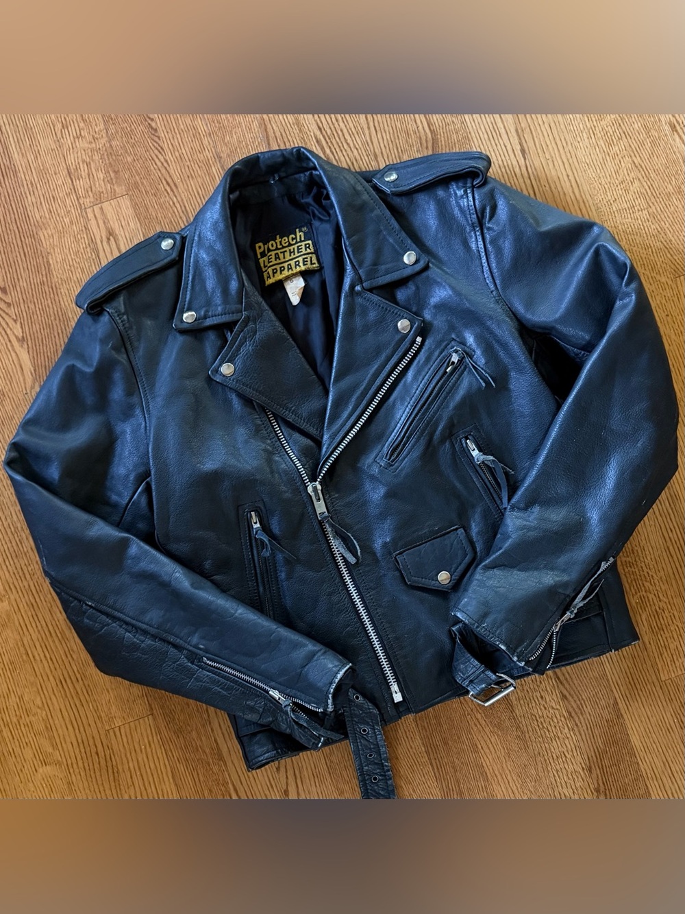 Protech Classic Men’s Black Motorcycle Jacket Small Size 38/40